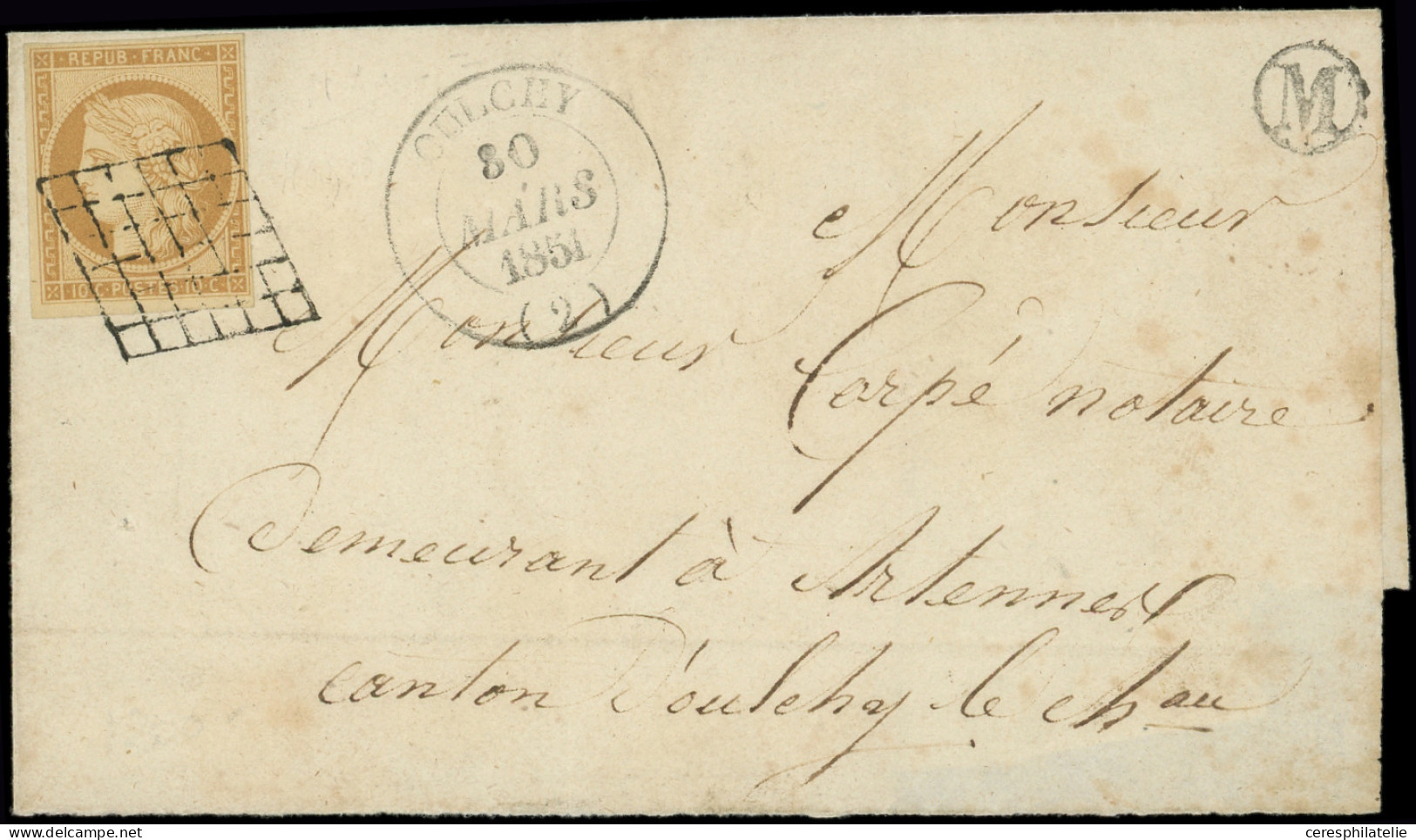 Let EMISSION DE 1849 - 1    10c. Bistre-jaune, Obl. GRILLE S. LSC, Càd T14 OULCHY 30/3/51 Et Boite M, TTB - 1849-1876: Klassik