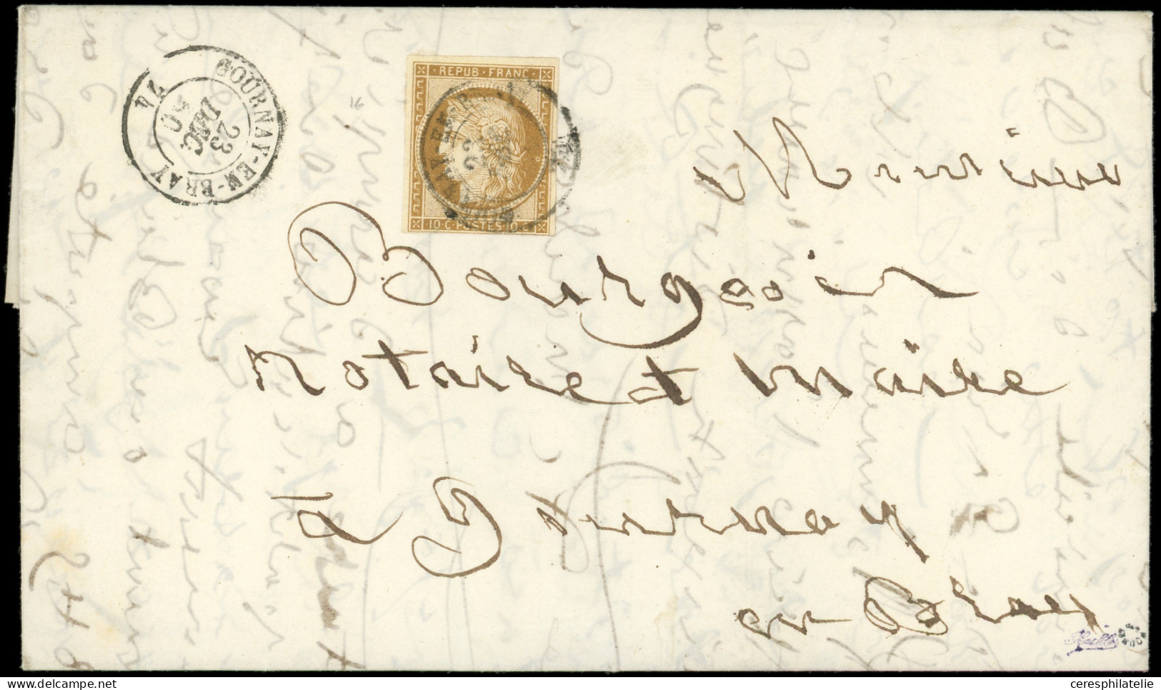 Let EMISSION DE 1849 - 1    10c. Bistre-jaune, Le Long Du Filet En Bas Obl. Càd T15 GOURNAY En BRAYE 23/12/50 Répété à C - 1849-1876: Klassik