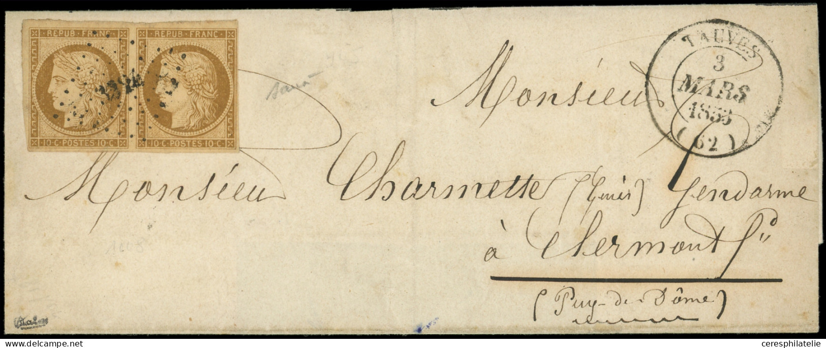 Let EMISSION DE 1849 - 1    10c. Bistre-jaune, Nuance Foncée, PAIRE Obl. PC 3224 S. LAC, Càd T14 TAUVES 3/3/53, TB. C - 1849-1876: Periodo Classico