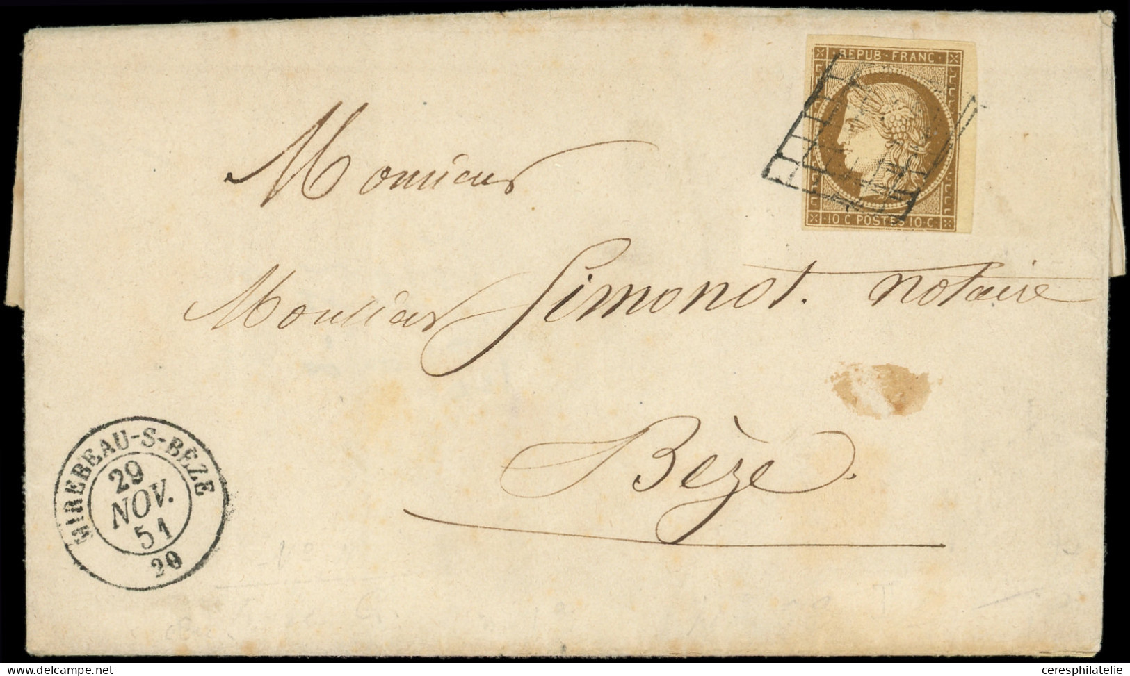 Let EMISSION DE 1849 - 1a   10c. Bistre-brun, Petit Bdf, Obl. GRILLE S. LAC, Càd T15 MIREBEAU-S-BEZE 29/11/51, Superbe - 1849-1876: Klassik