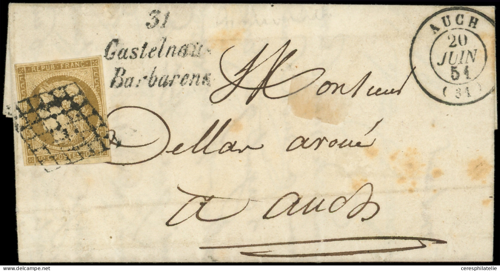 Let EMISSION DE 1849 - 1b   10c. Bistre-VERDATRE, Obl. GRILLE S. LAC, Càd T15 AUCH 20/6/51 Et Cursive 31/CASTELNAU/BARBA - 1849-1876: Période Classique