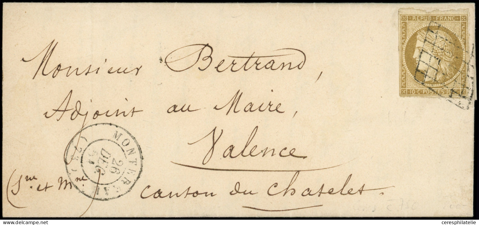 Let EMISSION DE 1849 - 1b   10c. Bistre-VERDATRE, Obl. GRILLE S. LAC, Càd T15 MONTEREAU 26/12/51, TB - 1849-1876: Classic Period