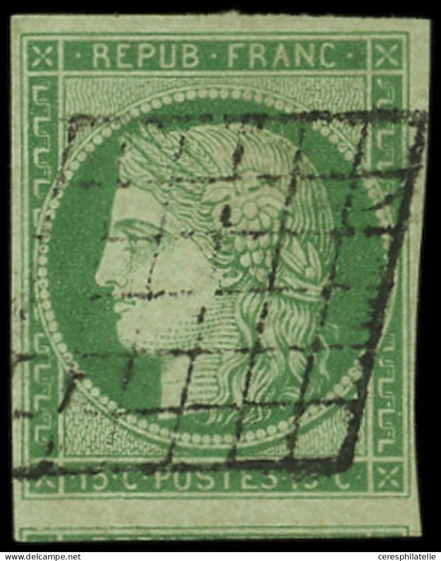 EMISSION DE 1849 - 2    15c. Vert, Voisin En Bas, Obl. GRILLE, TTB. C - 1849-1850 Ceres