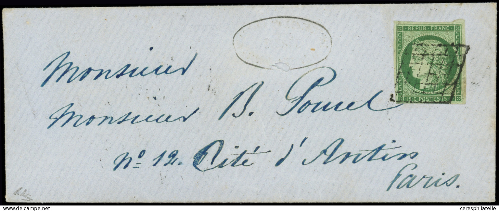 Let EMISSION DE 1849 - 2    15c. Vert, Petite Variété Dans La Rosace Inférieure Droite, Obl. GRILLE S. Env., Au Verso Cà - 1849-1876: Periodo Clásico