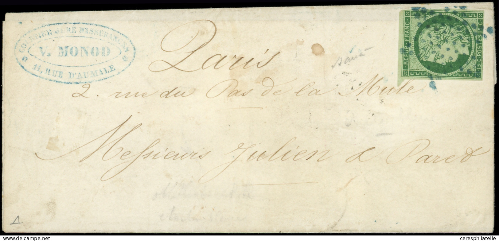 Let EMISSION DE 1849 - 2    15c. Vert, Filets Touchés, Obl. ETOILE BLEUE S. LSC, Au Verso Càd PARIS 10/11/52, B/TB - 1849-1876: Classic Period