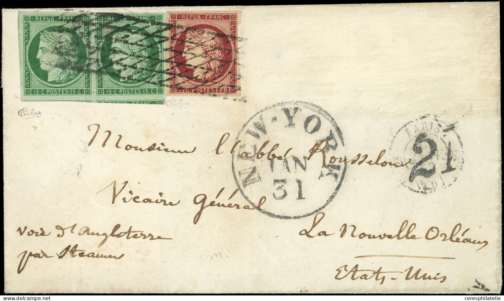 Let EMISSION DE 1849 - 2b Et 6, 15c. Vert FONCE, En PAIRE Avec 3 Voisins, 1f. Carmin, Tous Obl. GRILLE SANS FIN S. LSC,  - 1849-1876: Periodo Clásico