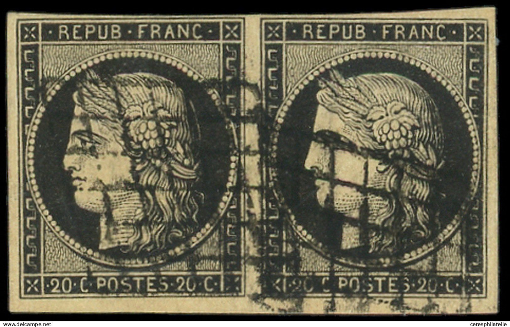 EMISSION DE 1849 - 3    20c. Noir Sur Jaune, PAIRE Obl. GRILLE, TB - 1849-1850 Cérès