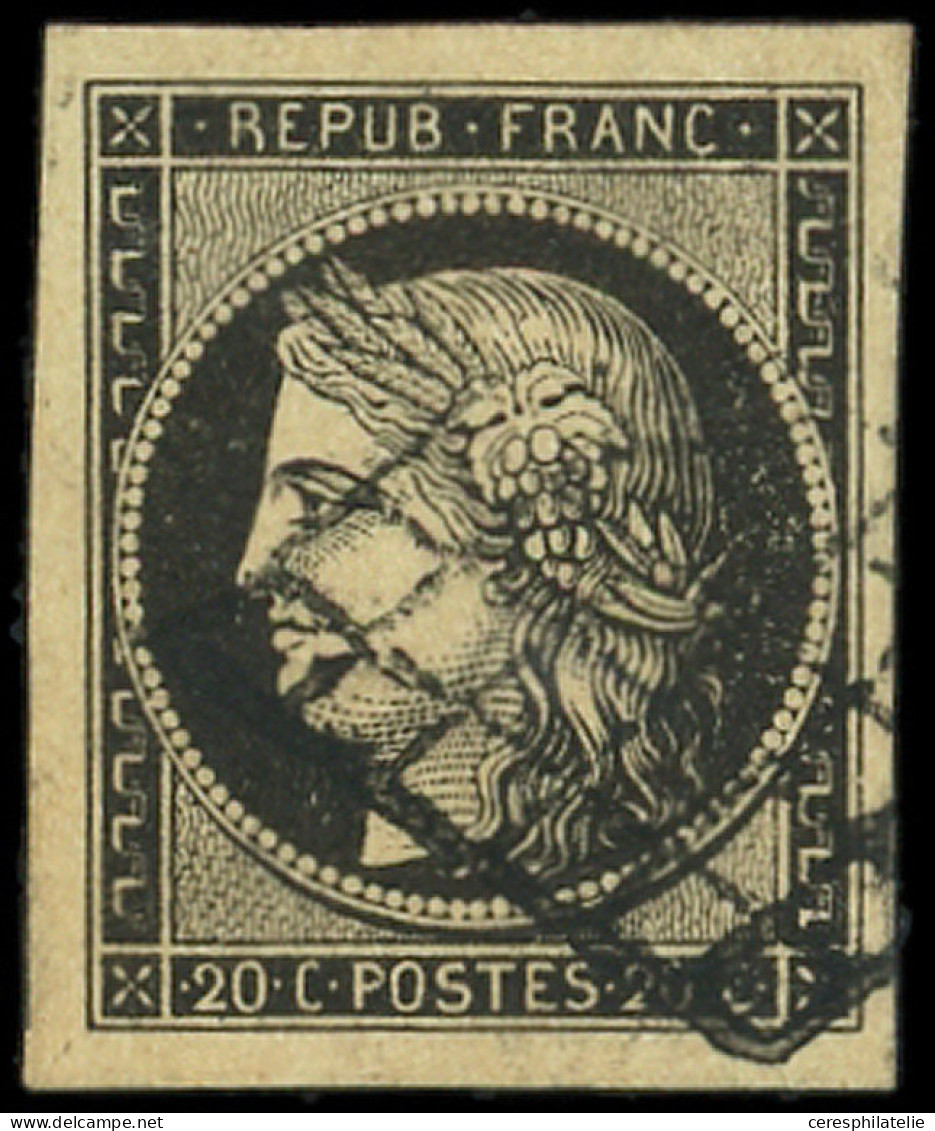 EMISSION DE 1849 - 3j   20c. Noir Sur IVOIRE, Belles Marges, Obl. GRILLE, TTB/Superbe - 1849-1850 Ceres