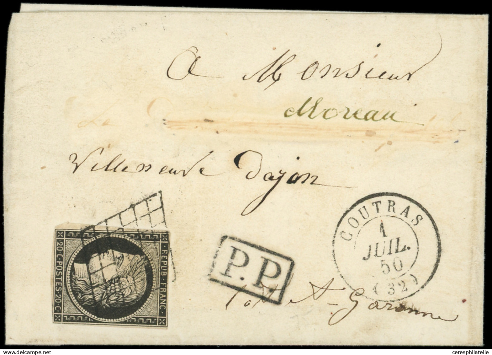 Let EMISSION DE 1849 - 3    20c. Noir Sur Jaune, Touché En Haut, Obl. GRILLE S. LSC, Càd T15 COUTRAS 1/7/50 Et PP Pour M - 1849-1876: Periodo Classico