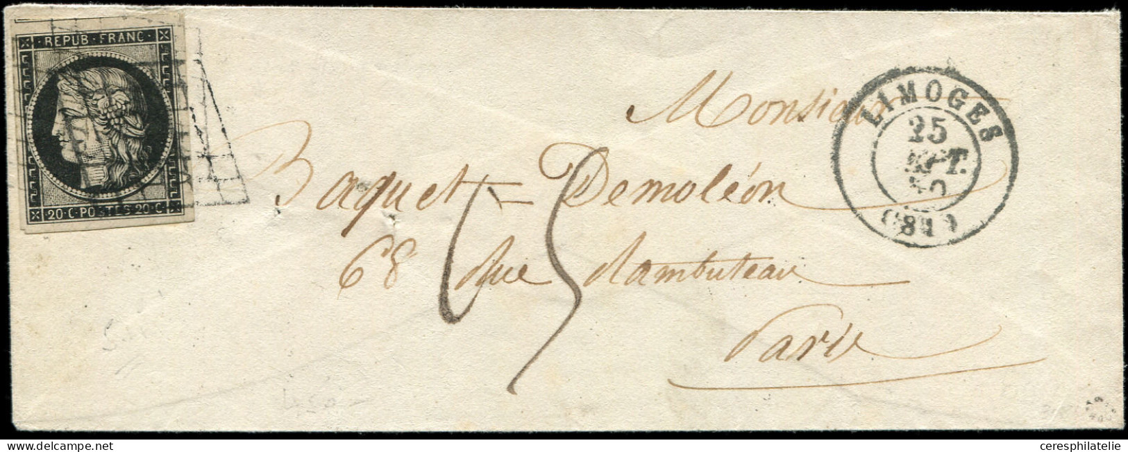 Let EMISSION DE 1849 - 3    20c. Noir Sur Jaune Obl. GRILLE S. Env., Càd T15 LIMOGES 25/9/50 Et Taxe Plume, Tarif 25c. D - 1849-1876: Periodo Classico