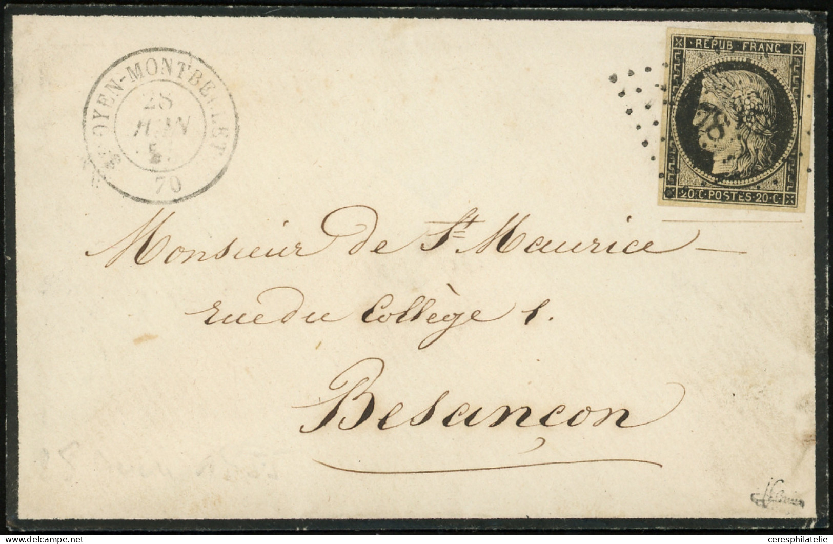 Let EMISSION DE 1849 - 3    20c. Noir Sur Jaune, Obl. PC 378 à L'arrivée à BESANCON S. Env., Càd T15 St OYEN-MONTBELLET  - 1849-1876: Periodo Clásico