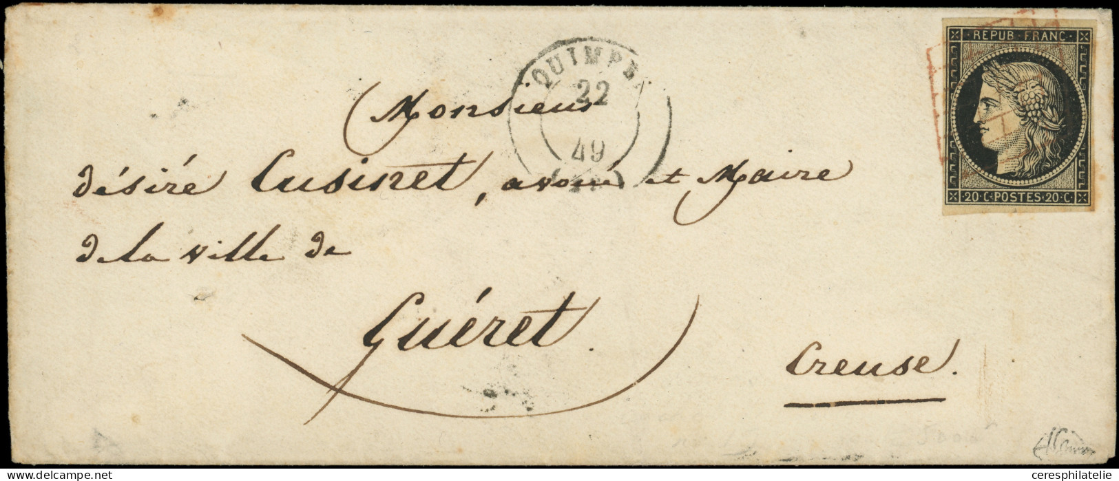 Let EMISSION DE 1849 - 3    20c. Noir Sur Jaune, Obl. GRILLE ROUGE S. Env., Càd T15 QUIMPER 22 (JANV) 49, Arr. GUERET 25 - 1849-1876: Période Classique