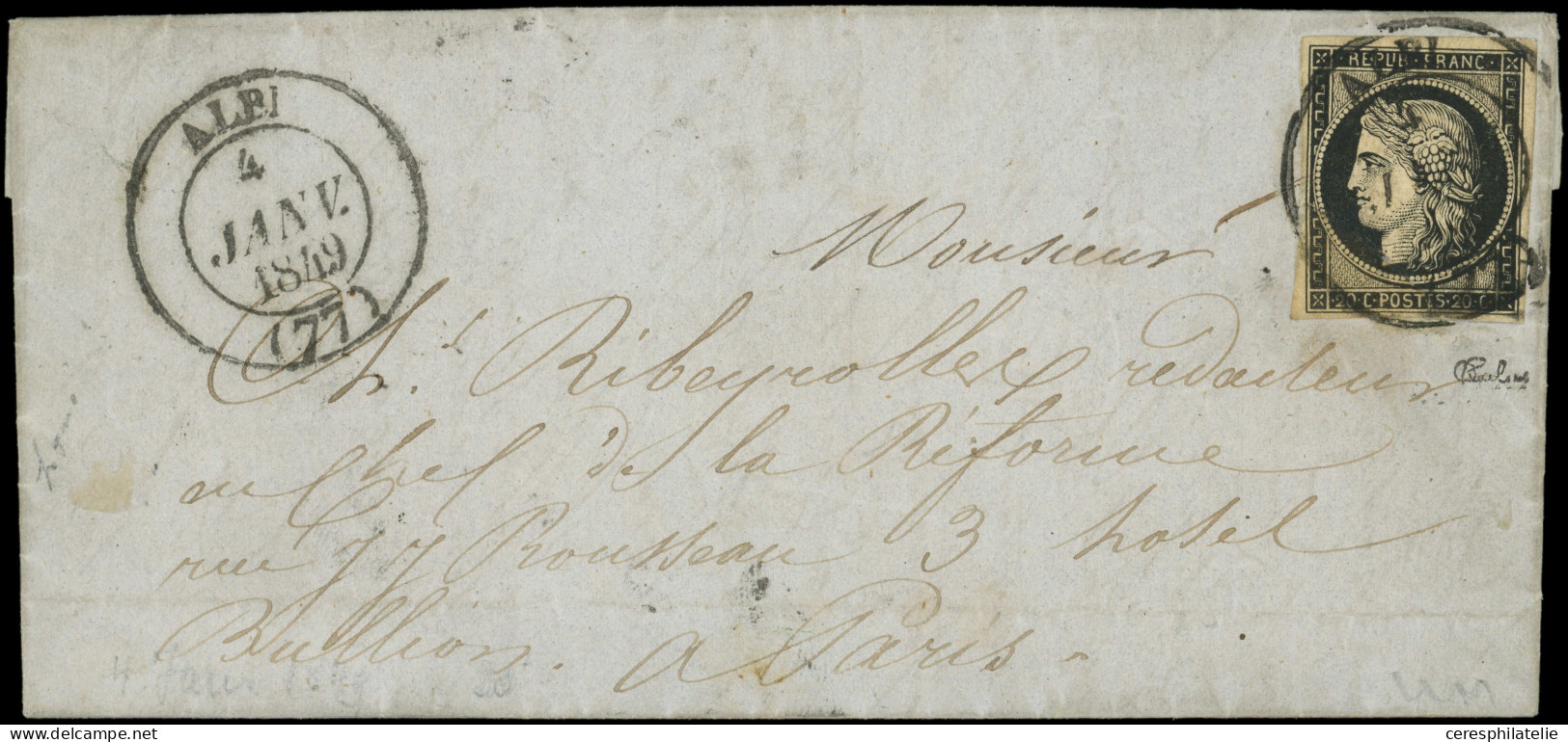 Let EMISSION DE 1849 - 3    20c. Noir Sur Jaune Petit Pli D'archive, Obl. Càd T14 ALBI 4 JANV 1849 Répété à Côté S. LAC, - 1849-1876: Periodo Clásico