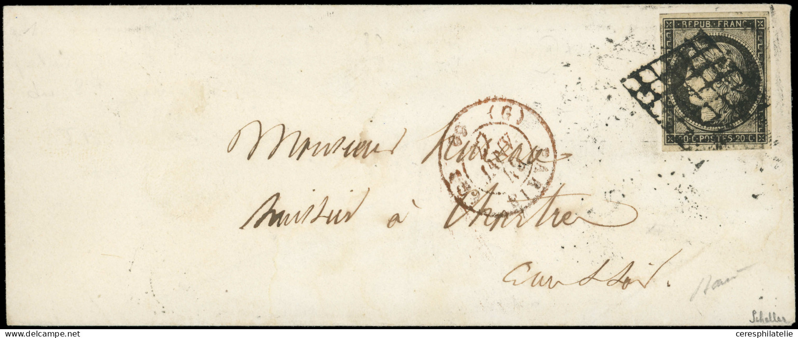Let EMISSION DE 1849 - 3    20c. Noir Sur Jaune Obl. GRILLE S. Env., Càd ROUGE (G) PARIS (G) 27 JANV 49 à L'envers, (err - 1849-1876: Période Classique