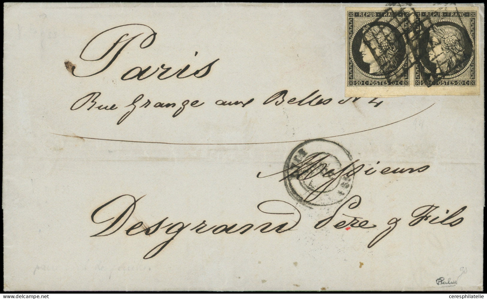 Let EMISSION DE 1849 - 3a   20c. Noir Sur Blanc, PAIRE Bdf, Obl. GRILLE S. LAC, Càd T15 LYON 21/2/50, TTB. C - 1849-1876: Période Classique