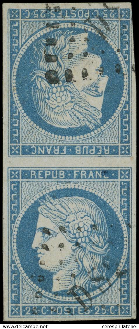 EMISSION DE 1849 - T4c  25c. Bleu, PAIRE TETE BECHE Verticale, Obl. DS2, TB. C - 1849-1850 Ceres