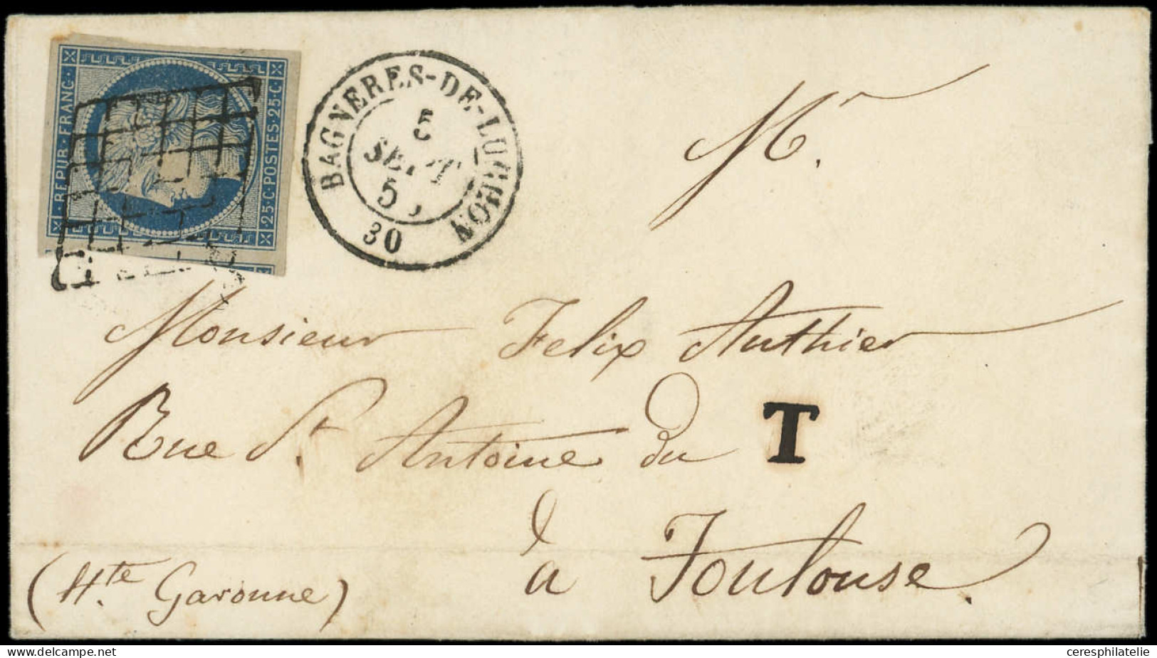 Let EMISSION DE 1849 - 4    25c. Bleu, Obl. GRILLE S. LAC, Càd T15 BAGNERES-DE-LUCHON 5/9/50 Et Taxe T, Arr. TOULOUSE 6/ - 1849-1876: Période Classique