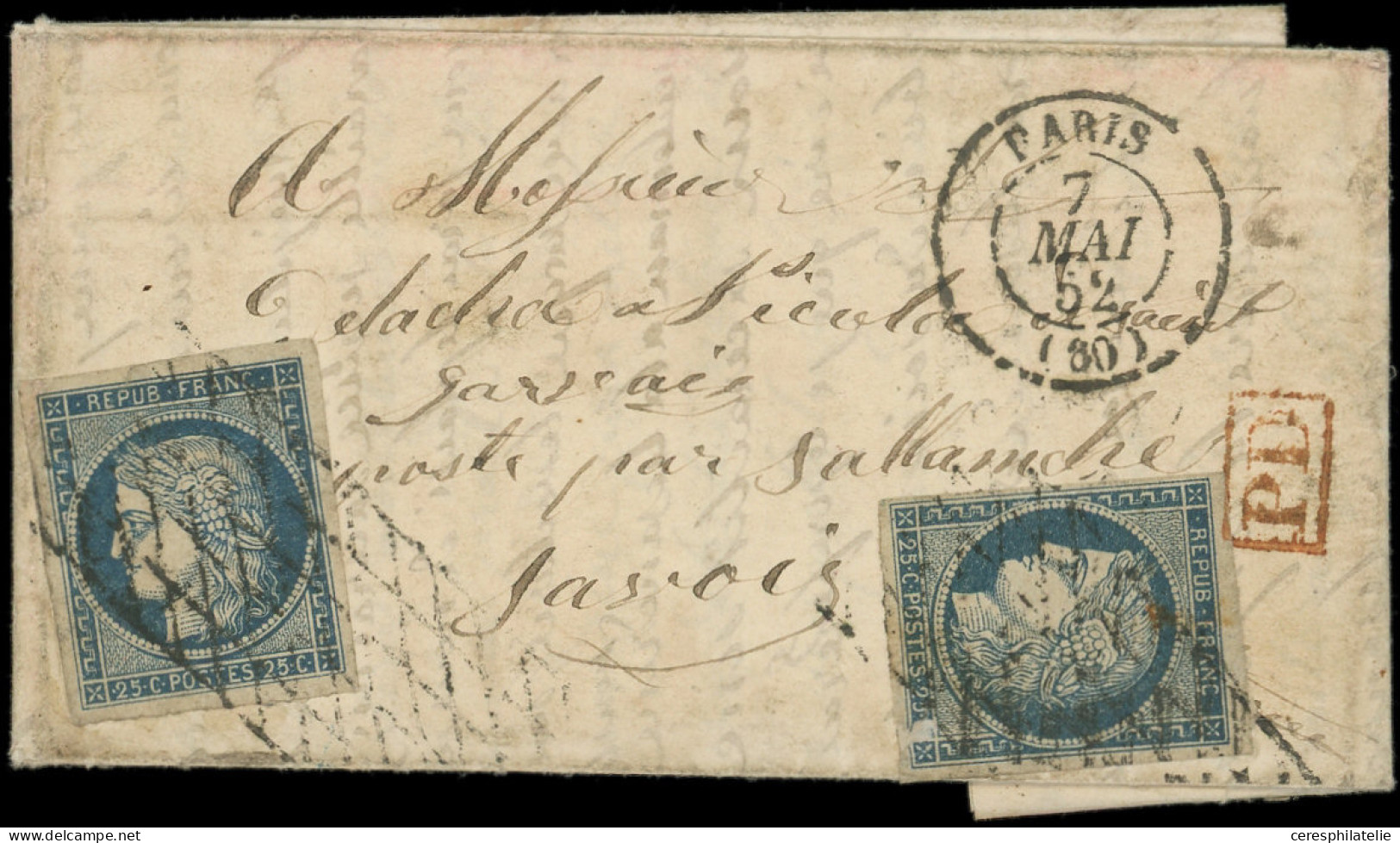 Let EMISSION DE 1849 - 4    25c. Bleu (2 Ex. Dont Un Défx.) Obl. GRILLE SANS FIN S. LAC, Càd T15 PARIS 7/5/52, Arr. SALL - 1849-1876: Période Classique