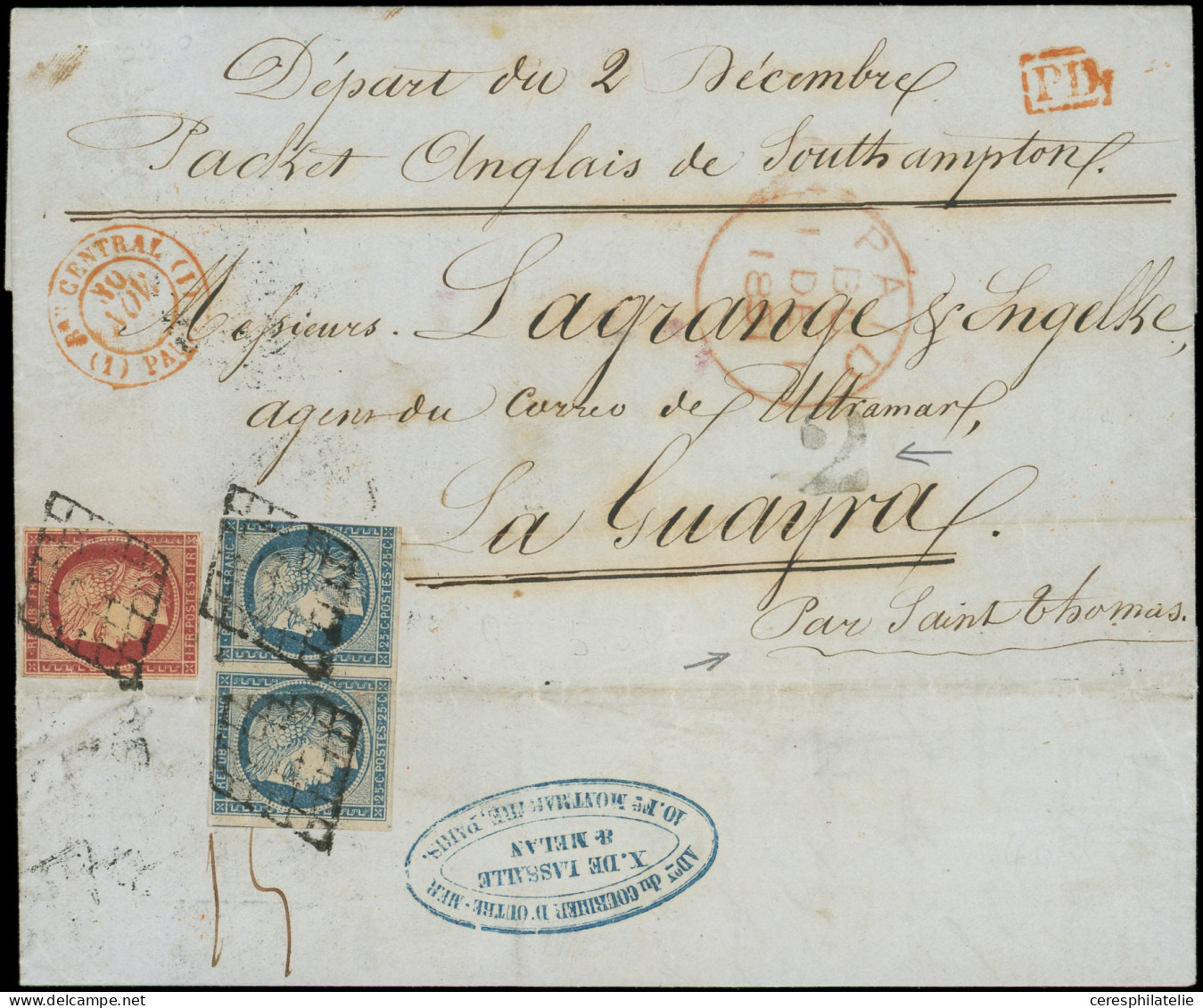 Let EMISSION DE 1849 - 4    25c. Bleu, PAIRE Défse Et N°6 1f. Carmin Défx Obl. GRILLE S. LAC, Càd Rouge Bau CENTRAL/(1)  - 1849-1876: Période Classique