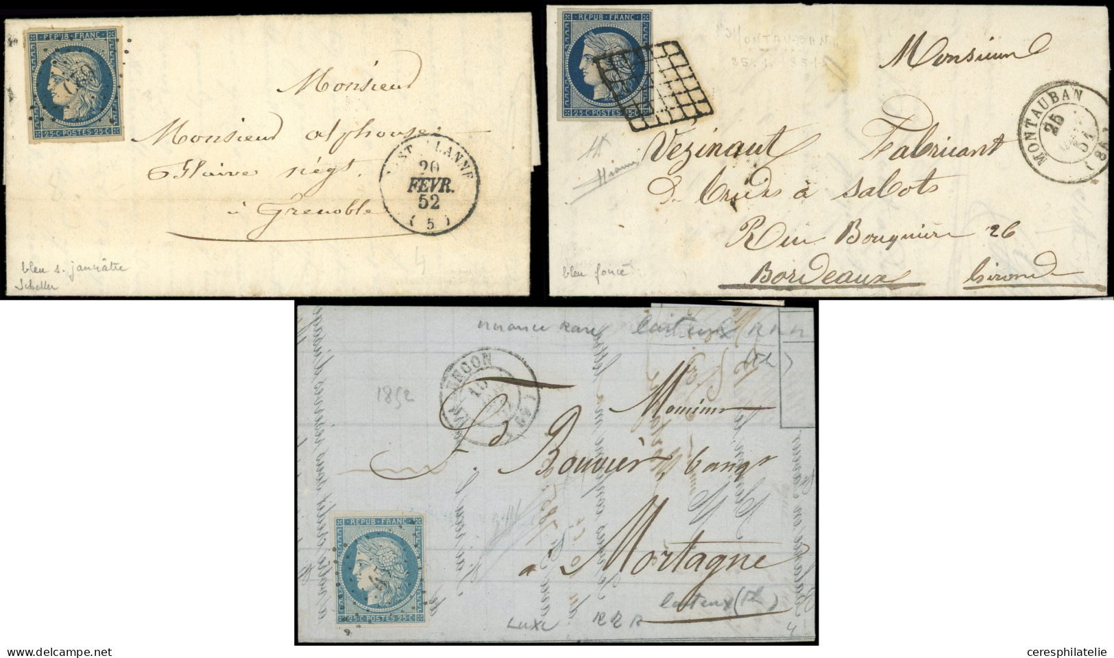 Let EMISSION DE 1849 - 4    25c. Bleu, 3 Nuances Obl. GRILLE Et PC (2) Sur 3 Lettres, TB - 1849-1876: Période Classique