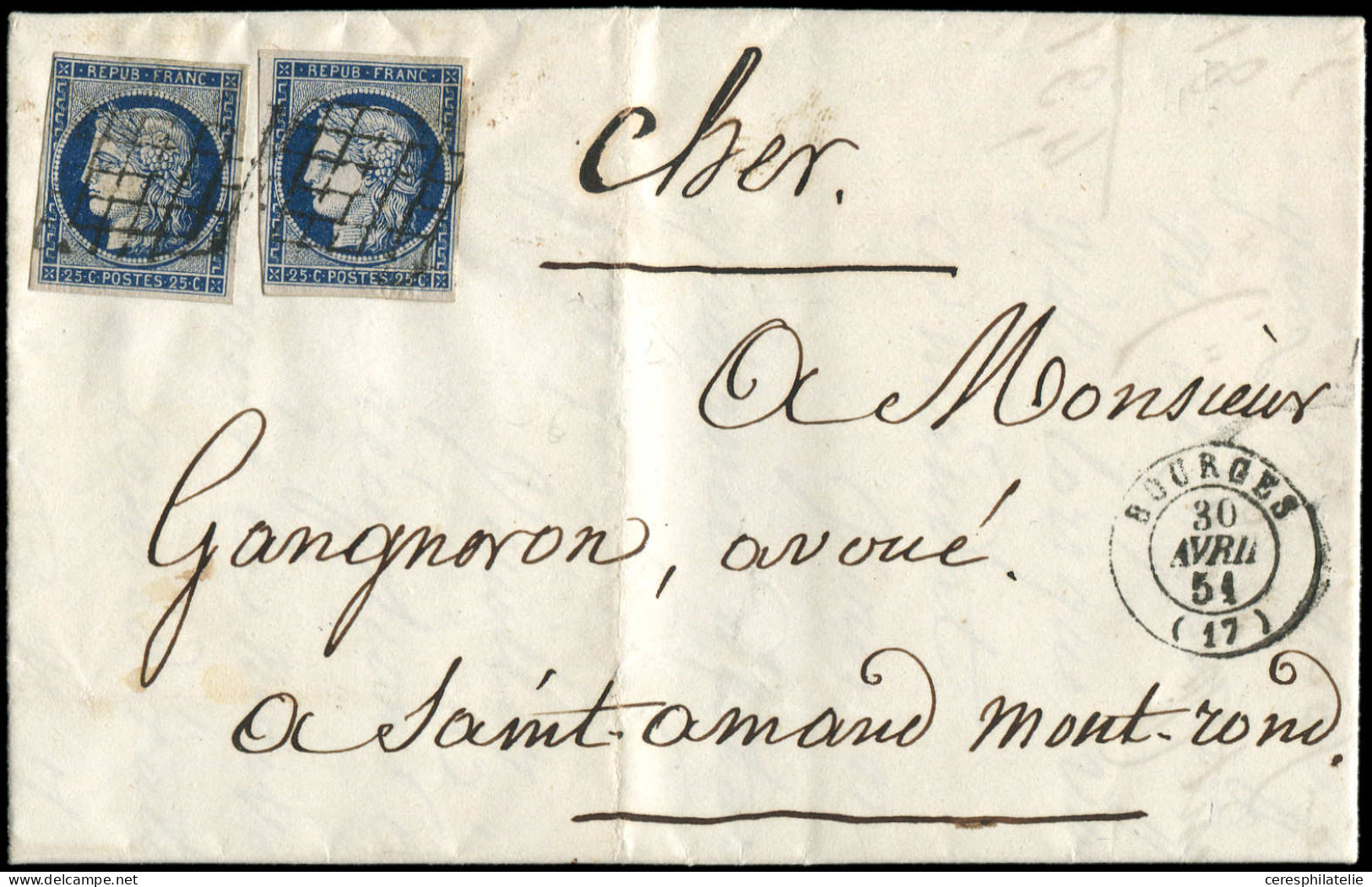 Let EMISSION DE 1849 - 4a   25c. Bleu Foncé (2), Obl. GRILLE S. LAC, Càd T15 BOURGES 30/4/51, TTB - 1849-1876: Klassik