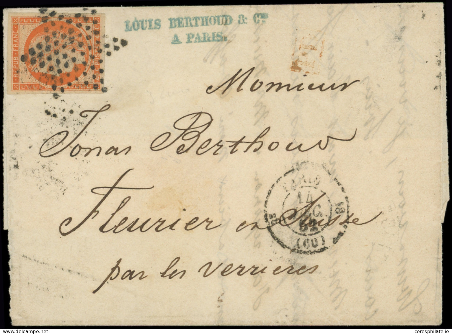 Let EMISSION DE 1849 - 5    40c. Orange, Belles Marges, Obl. ETOILE Sur LAC Incomplète, Càd PARIS 14/12/52, Arr. En SUIS - 1849-1876: Classic Period