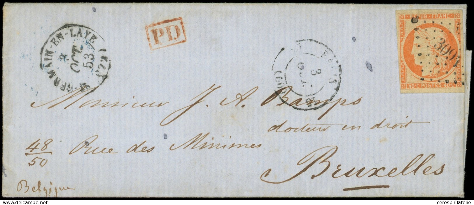 Let EMISSION DE 1849 - 5    40c. Orange, Filet Coupé Dans Un Angle, Obl. PC 3094 S. LAC, Càd T15 ST GERMAIN-EN-LAYE 3/10 - 1849-1876: Période Classique