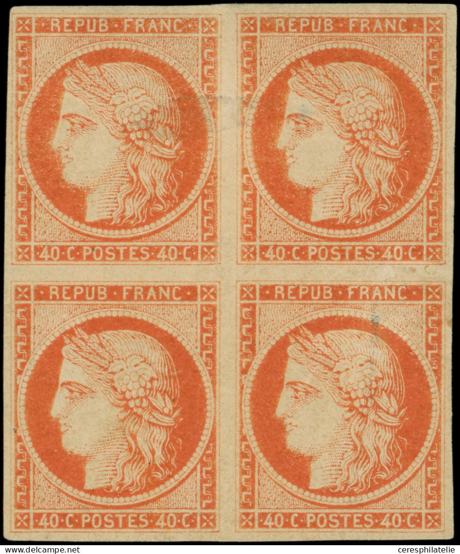 ** EMISSION DE 1849 - 5A    40c. Orange Foncé, Gomme Brunâtre Du 1er Tirage, BLOC De 4, La Paire Sup. Est * Avec Une Fro - 1849-1850 Cérès