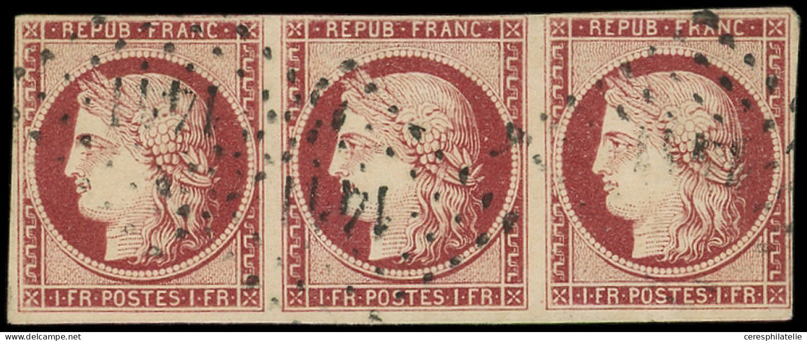 EMISSION DE 1849 - 6     1f. Carmin, BANDE De 3 Au Filet En Haut, Obl. PC 1411, B/TB. C - 1849-1850 Ceres