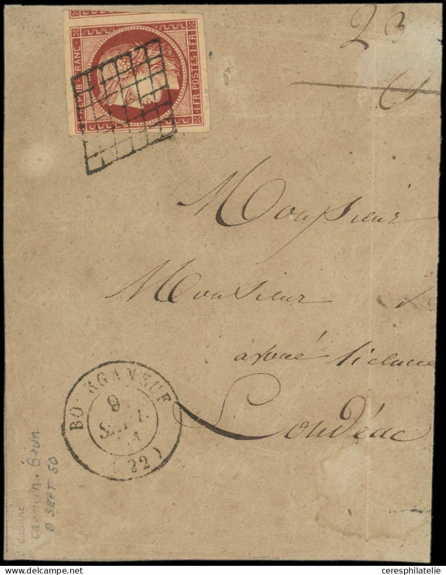 EMISSION DE 1849 - 6B    1f. Carmin-brun, Grandes Marges Dont Un Voisin, Obl. GRILLE S. Fragt, Càd T15 BOURGANEUF 9/9/50 - 1849-1850 Ceres