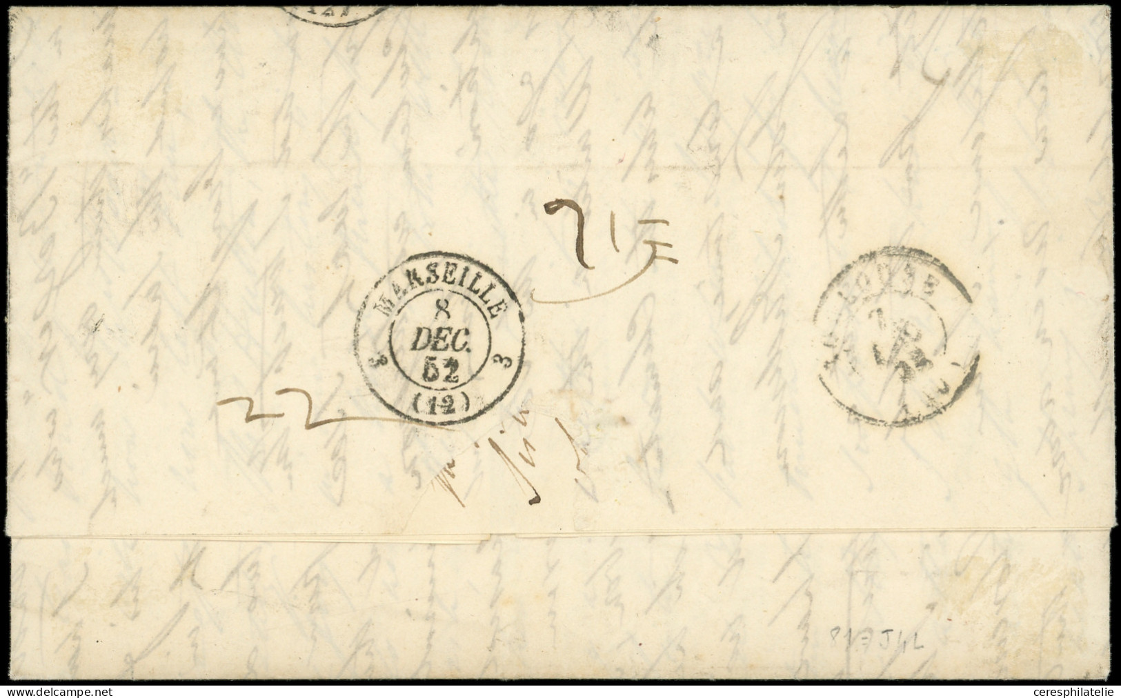 Let EMISSION DE 1849 - 6     1f. Carmin, Obl. PC 2388 S. LAC, Càd T15 PAU 6/12/52, Cachet BOMBAY/Ag 1853/TO POSTAGE/NLD  - 1849-1876: Classic Period