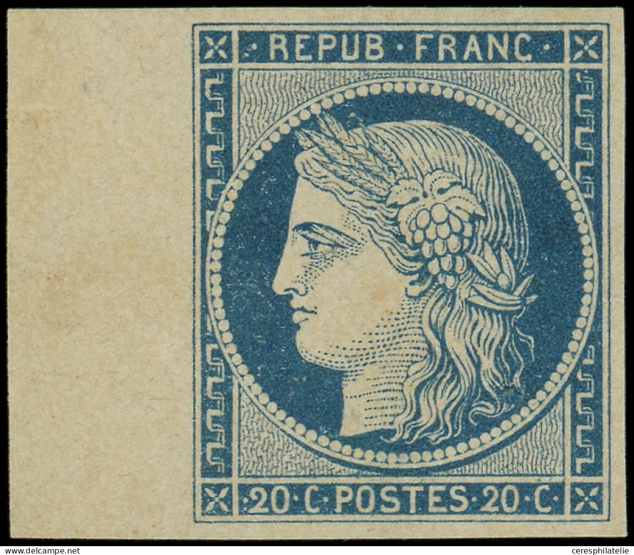 (*) EMISSION DE 1849 - 8    20c. Bleu Sur Jaunâtre, "Durrieu", Bdf, Superbe, Certif. Calves - 1849-1850 Cérès