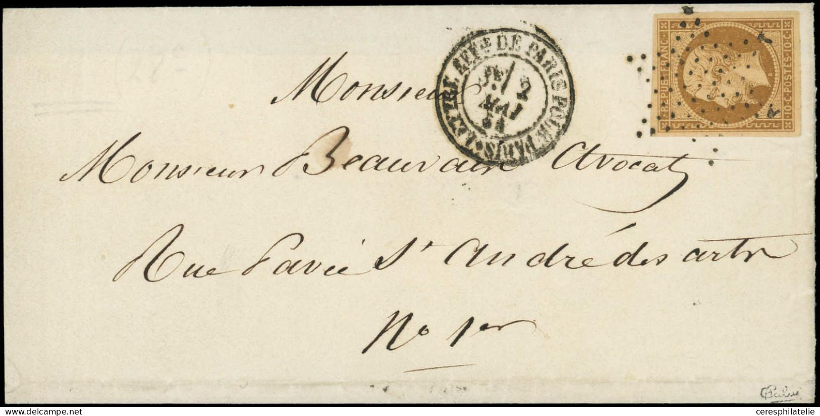 Let PRESIDENCE - 9a   10c. Bistre-brun, Obl. ETOILE S. LSC Locale, Càd LETTRE AFFie DE PARIS POUR PARIS 2/5/54, TTB. C - 1849-1876: Classic Period