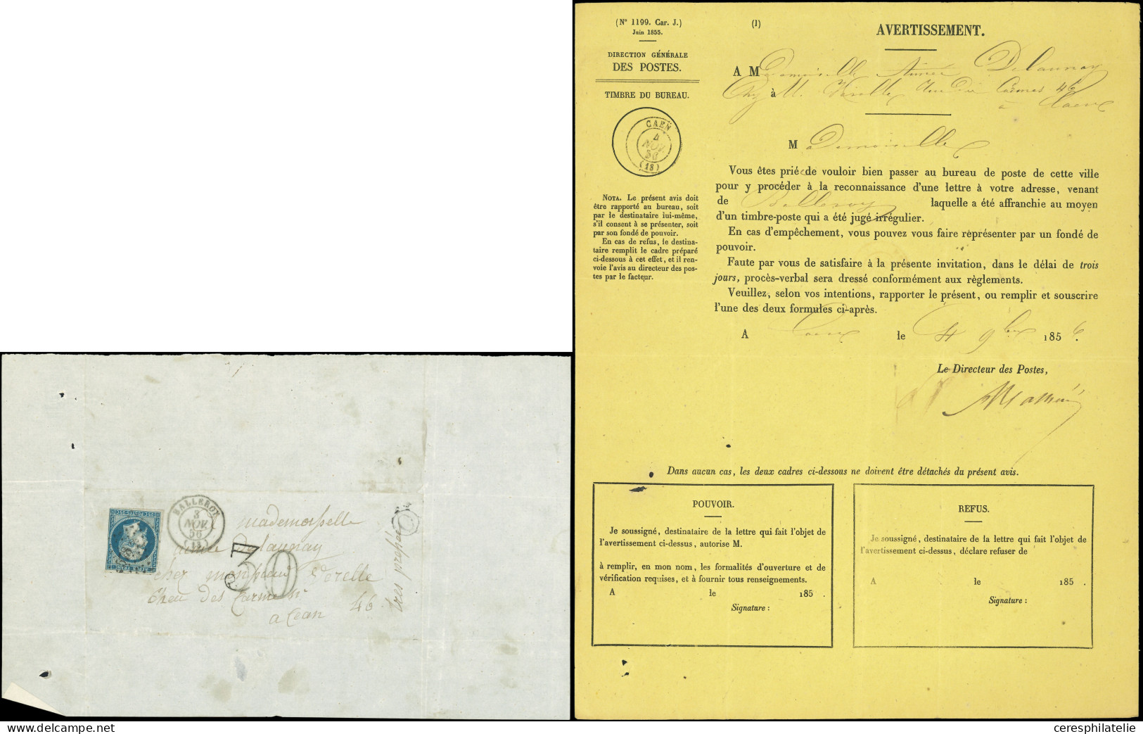 Let PRESIDENCE - 10   25c. Bleu, Défx, Obl. PC S. LSC, Càd T15 BALLEROY 3/11/56, Taxe 30 Et Dossier De Taxation, TB - 1849-1876: Klassik