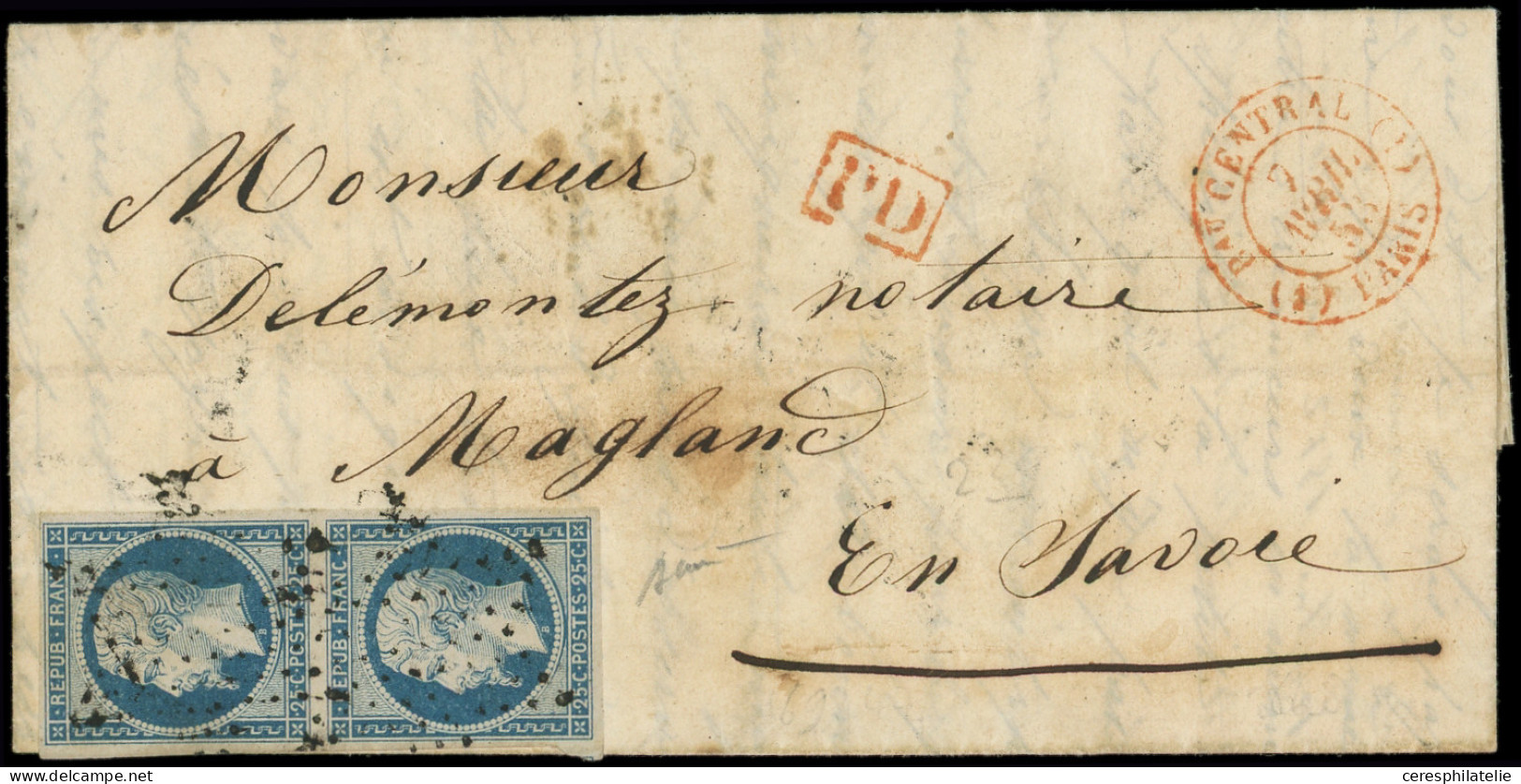 Let PRESIDENCE - 10   25c. Bleu, PAIRE Obl. ETOILE S. LAC, Càd Rouge Bau CENTRAL/(1) PARIS (1) 7/4/53, Arr. MAGLAND 10/4 - 1849-1876: Classic Period