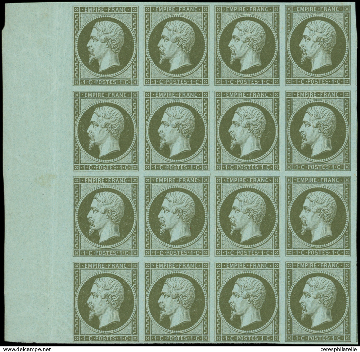 ** EMPIRE NON DENTELE - 11    1c. Olive, BLOC De 16 Bdf, Fraîcheur Postale, Superbe - 1853-1860 Napoleon III