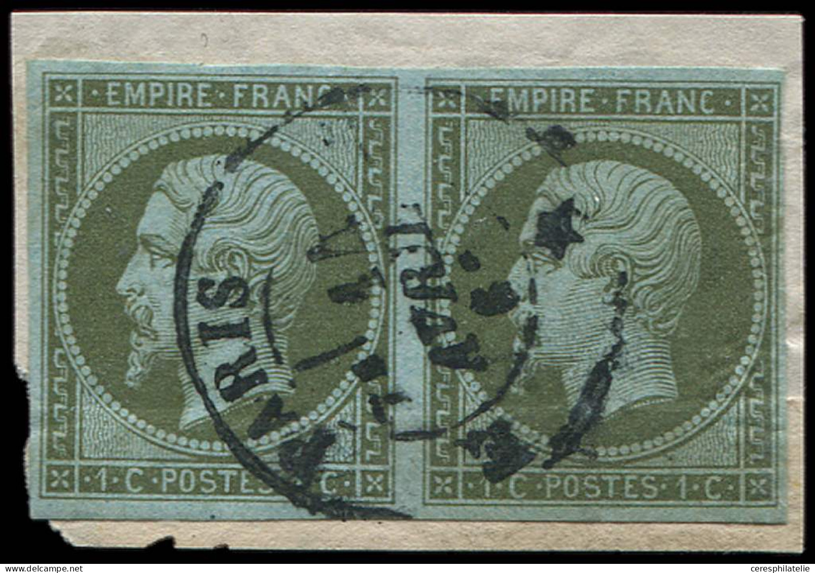 EMPIRE NON DENTELE - 11    1c. Olive, PAIRE Obl. Càd PARIS 14/4/61 Sur Fragment, TB - 1853-1860 Napoléon III