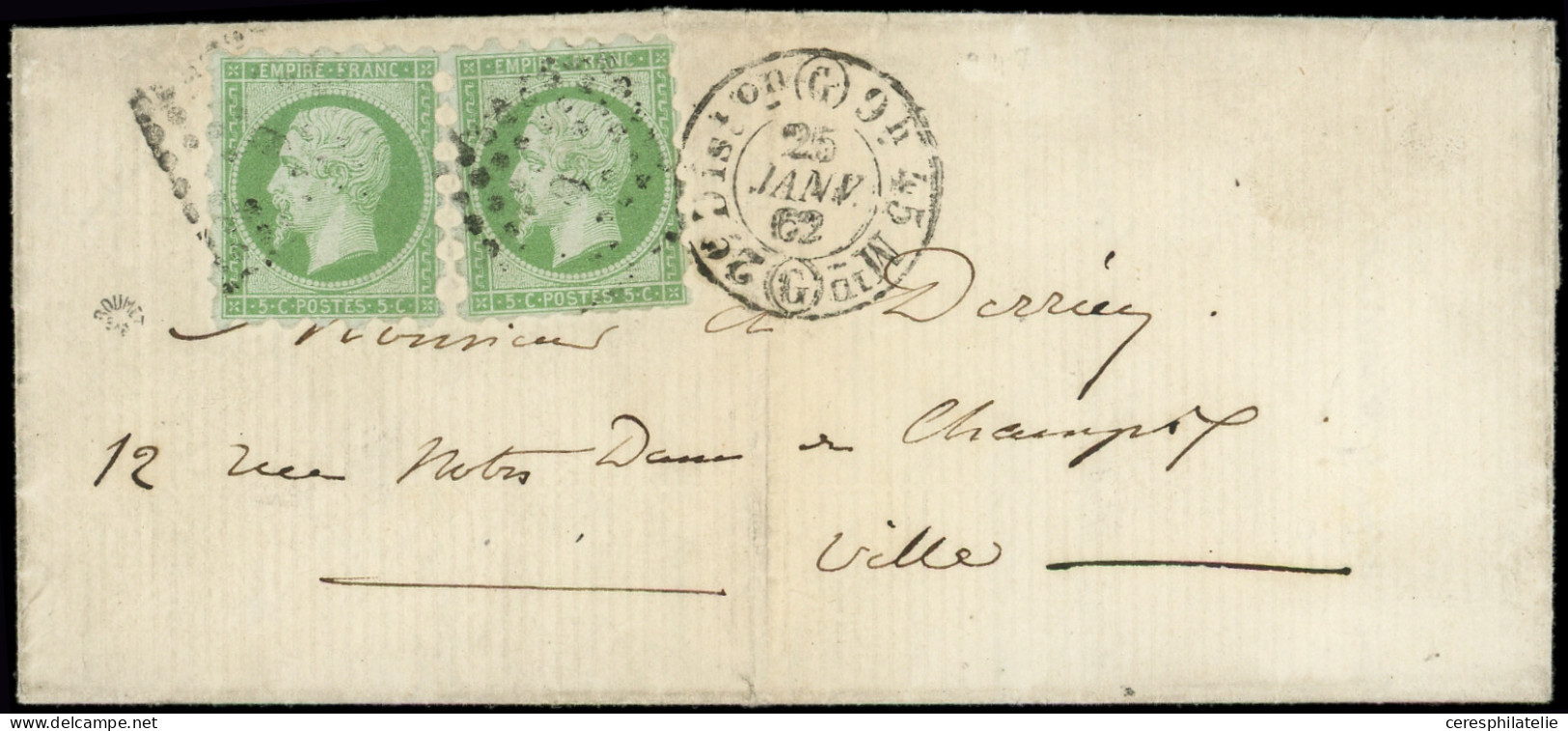 Let EMPIRE NON DENTELE - 12    5c. Vert, PIQUAGE SUSSE, 2 Ex. Obl. Los. G S. LAC, Càd 2e Diston (G)9h45 Mid (G) 25/1/62, - 1849-1876: Klassik