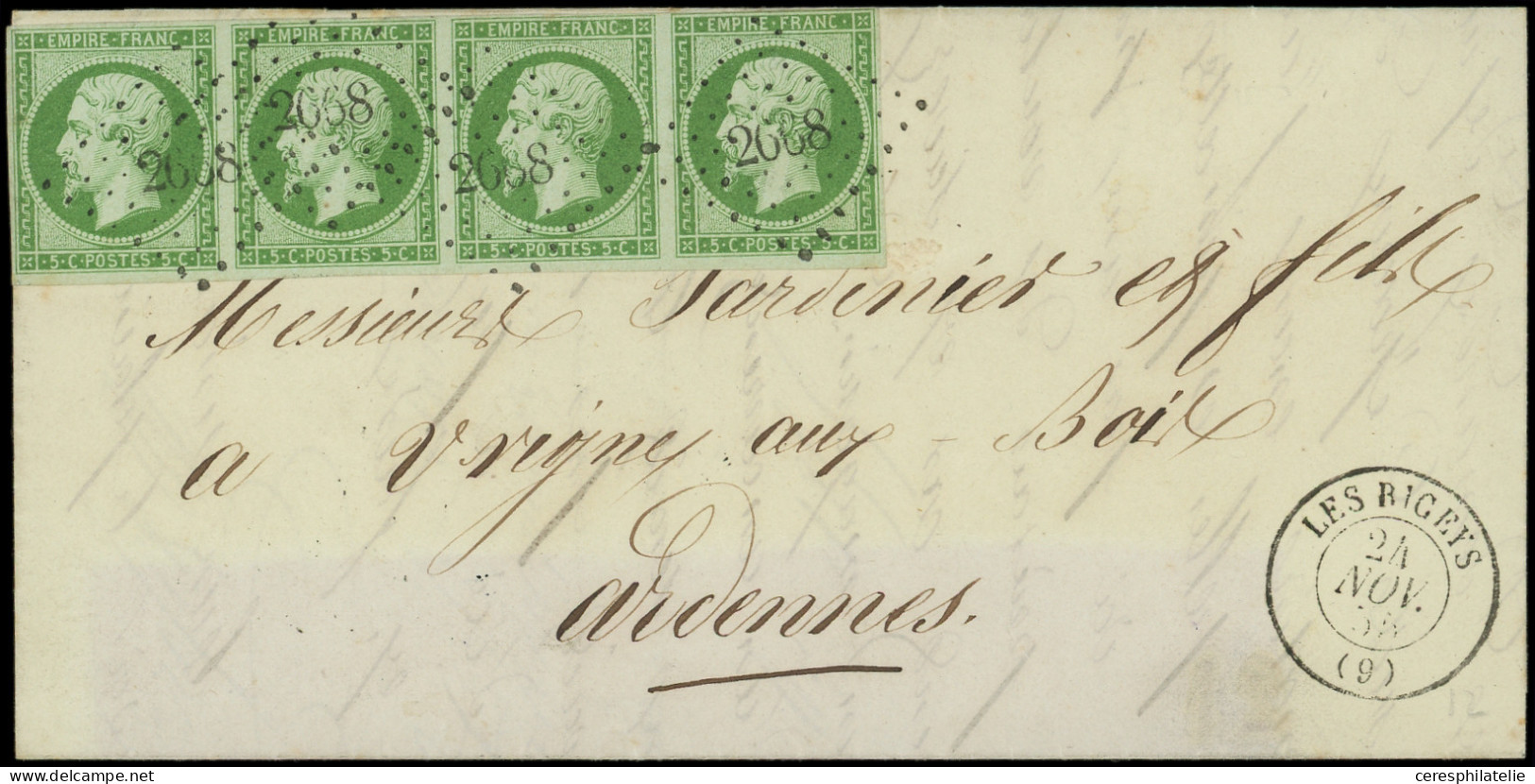 Let EMPIRE NON DENTELE - 12    5c. Vert, BANDE De 4, 1 Ex. Au Filet, Obl. PC 2668 S. LAC, Càd T15 LES RICEYS 24/11/55, F - 1849-1876: Classic Period