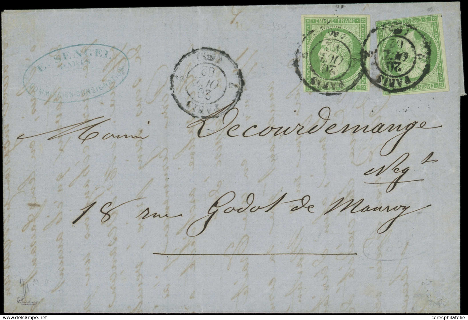 Let EMPIRE NON DENTELE - 12a   5c. Vert-jaune (2) Obl. Càd PARIS 20/10/62 S. LAC Locale, TB. C - 1849-1876: Periodo Classico