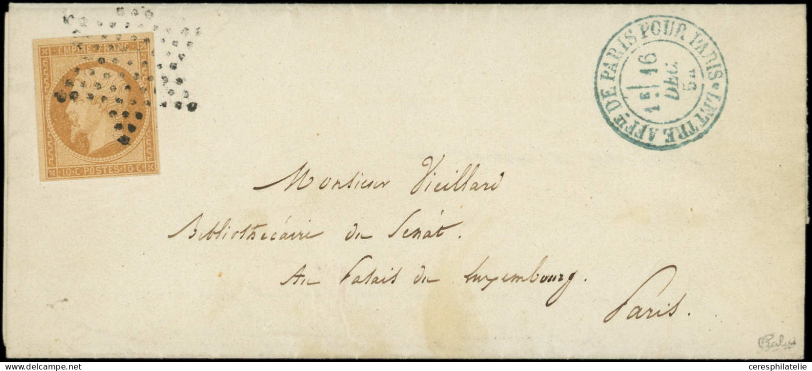 Let EMPIRE NON DENTELE - 13A  10c. Bistre Obl. ETOILE S. LAC, Càd LETTRE AFFie DE PARIS POUR PARIS En BLEU, 16/12/54, Su - 1849-1876: Klassik