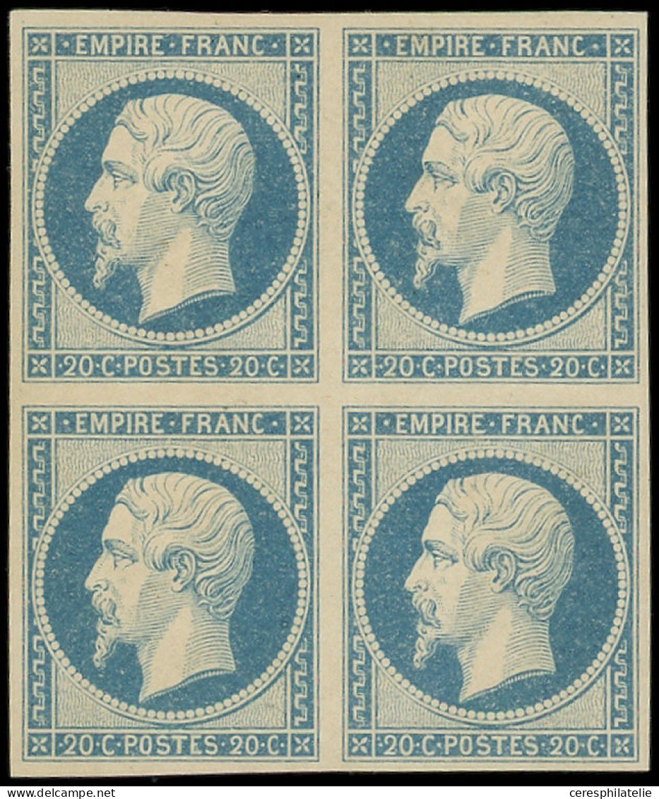 ** EMPIRE NON DENTELE - 14Af 20c. Bleu Laiteux, BLOC De 4, Très Frais Et TTB - 1853-1860 Napoleone III