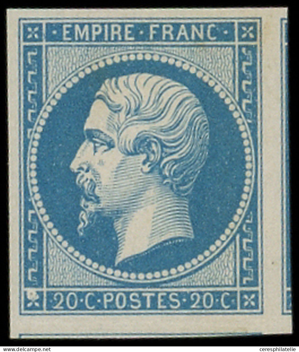 ** EMPIRE NON DENTELE - 14B  20c. Bleu, T II, Grandes Marges Avec Voisin, Très Belle G. D'origine Légèrement Jaunie, TB - 1853-1860 Napoléon III.