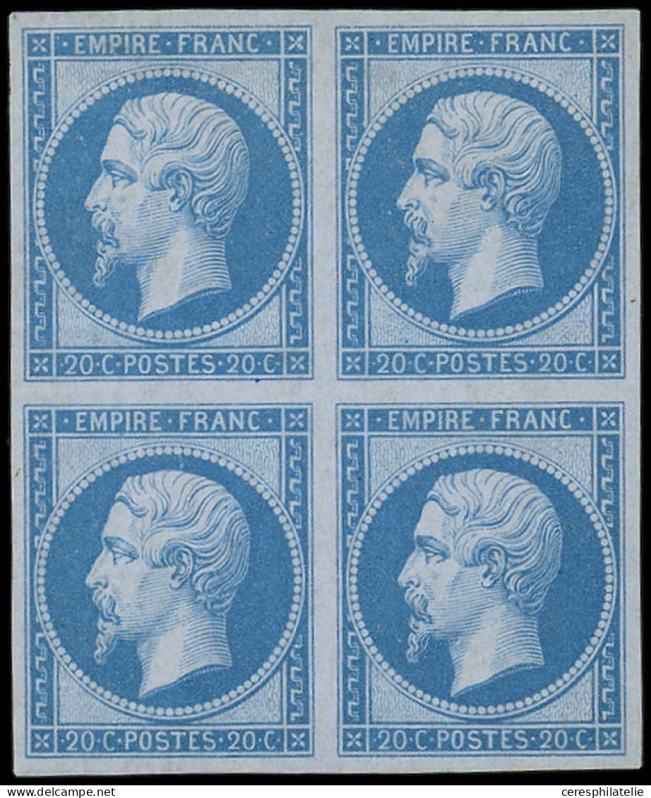 (*) EMPIRE NON DENTELE - 14Ac 20c. Bleu Sur Azuré, T I, BLOC De 4, TB - 1853-1860 Napoleone III