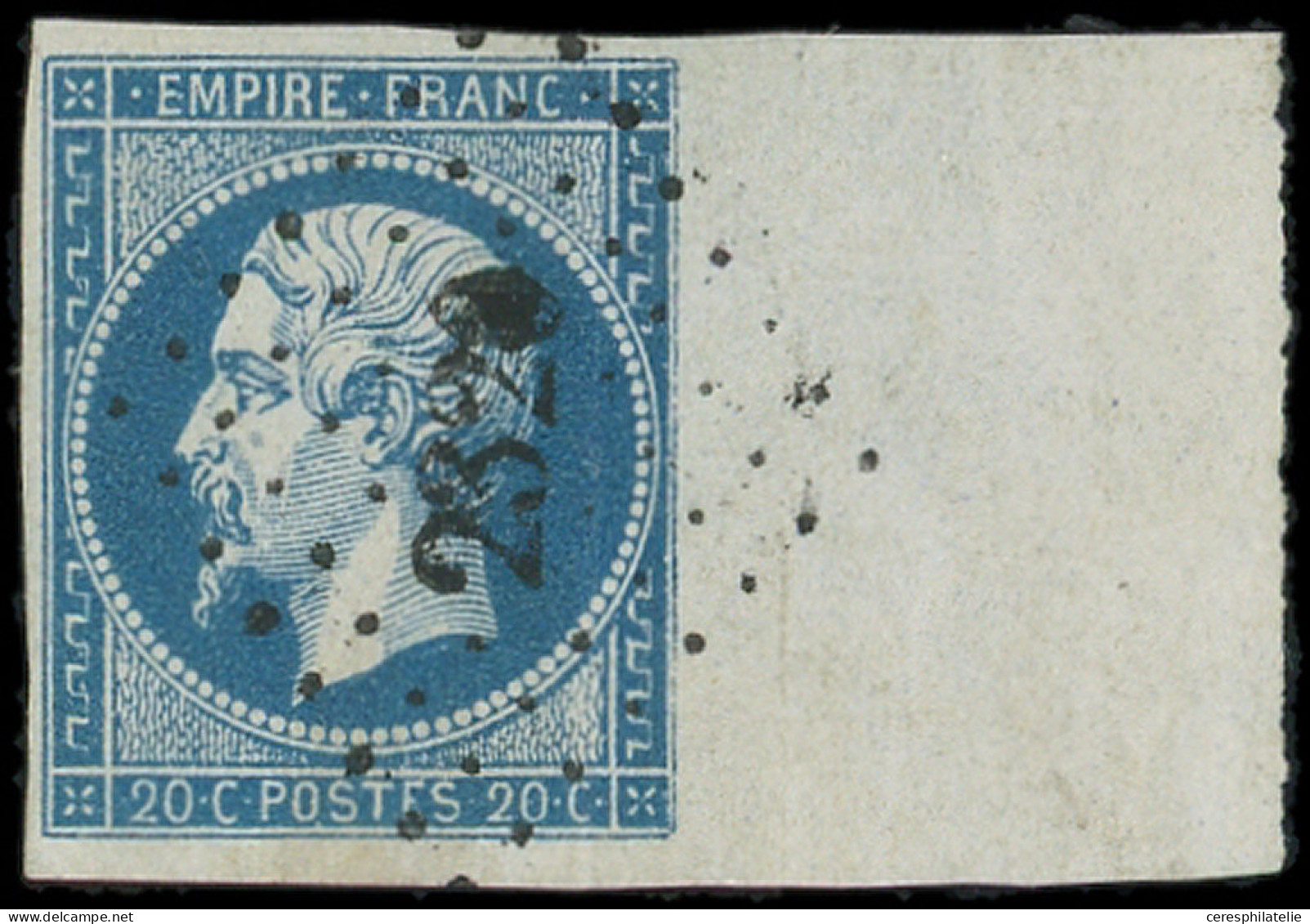 EMPIRE NON DENTELE - 14A  20c. Bleu, T I, Grand BORD De FEUILLE, Obl. PC 2320, Superbe - 1853-1860 Napoléon III