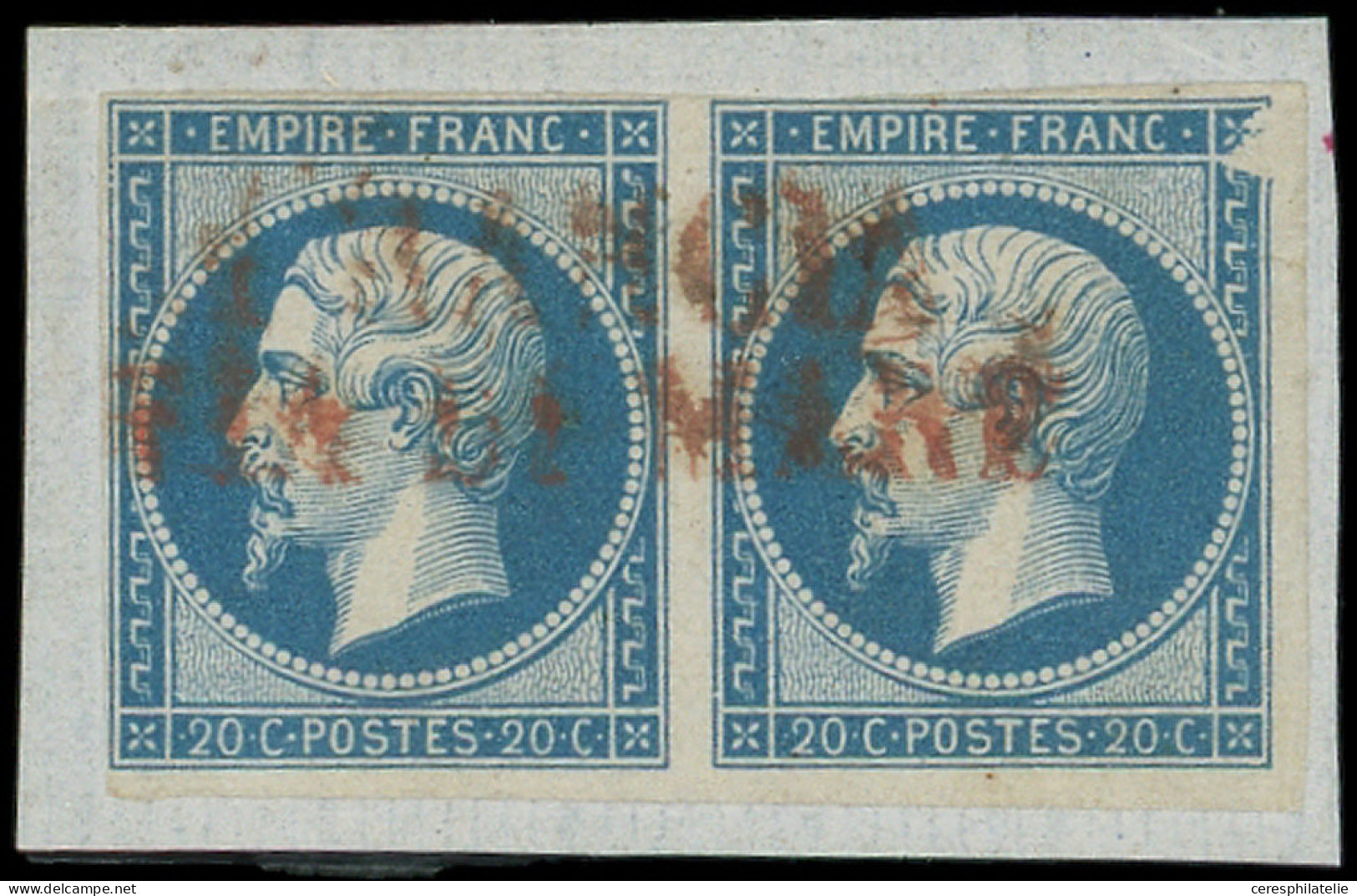 EMPIRE NON DENTELE - 14B  20c. Bleu, T II, PAIRE, Un Ex. VARIETE D'impressipon, Obl. FRANCIA/VIA DI MARE En Rouge S. Fra - 1853-1860 Napoléon III