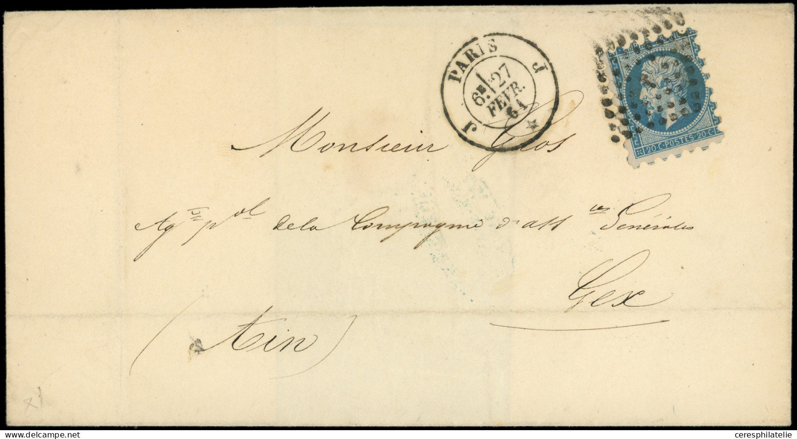 Let EMPIRE NON DENTELE - 14A  20c. Bleu, T I, PIQUAGE SUSSE, Obl. Los. J S. LSC, Càd J PARIS J * 27/2/61, TB - 1849-1876: Classic Period