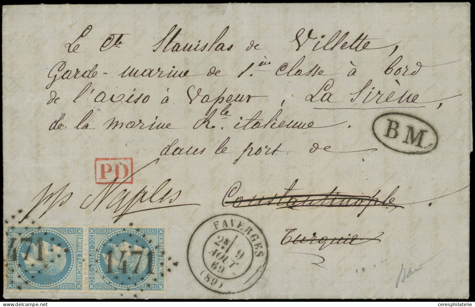 Let EMPIRE LAURE - 29B  20c. Bleu, T II, PAIRE Obl. GC 1471 S. LAC, Cà T17 FAVERGES 9/8/69 Pour Le Comte De La Villette  - 1849-1876: Periodo Classico