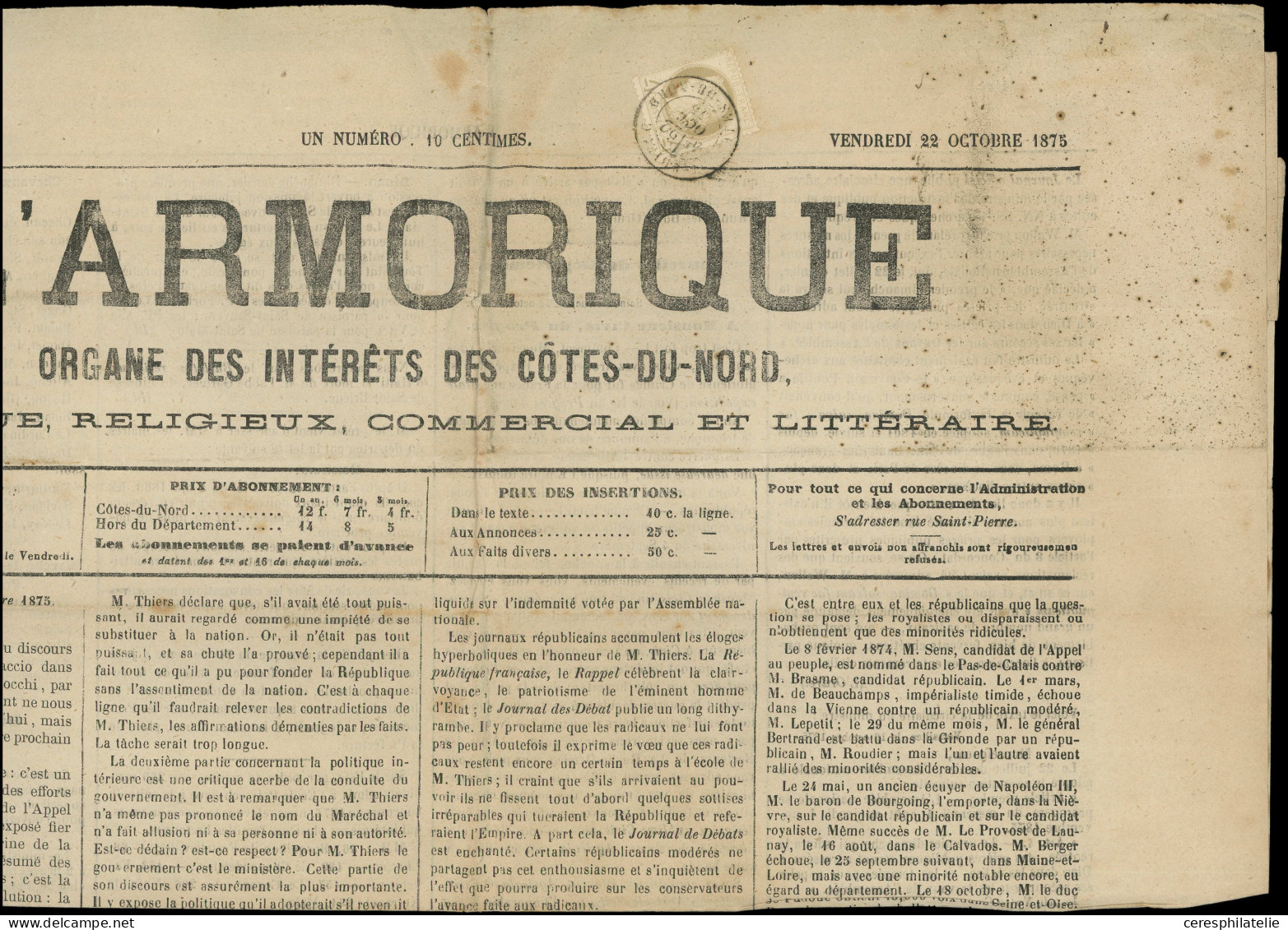 Let CERES DENTELE - 52    4c. Gris, Obl. Càd T18 ST BRIEUC 22/10/75 S. Journal L'ARMORIQUE, TB - 1849-1876: Classic Period