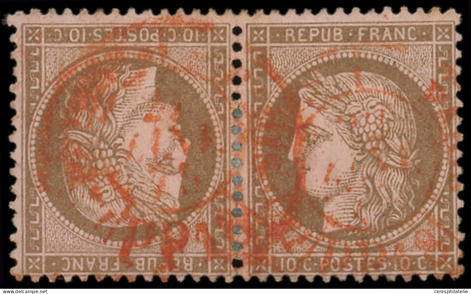 CERES DENTELE - T58c 10c. Brun Sur Rose, TETE BECHE, Obl. Càd Rouge Des Imprimés, 1 Ex. Pli, R Et Aspect TB - 1871-1875 Ceres